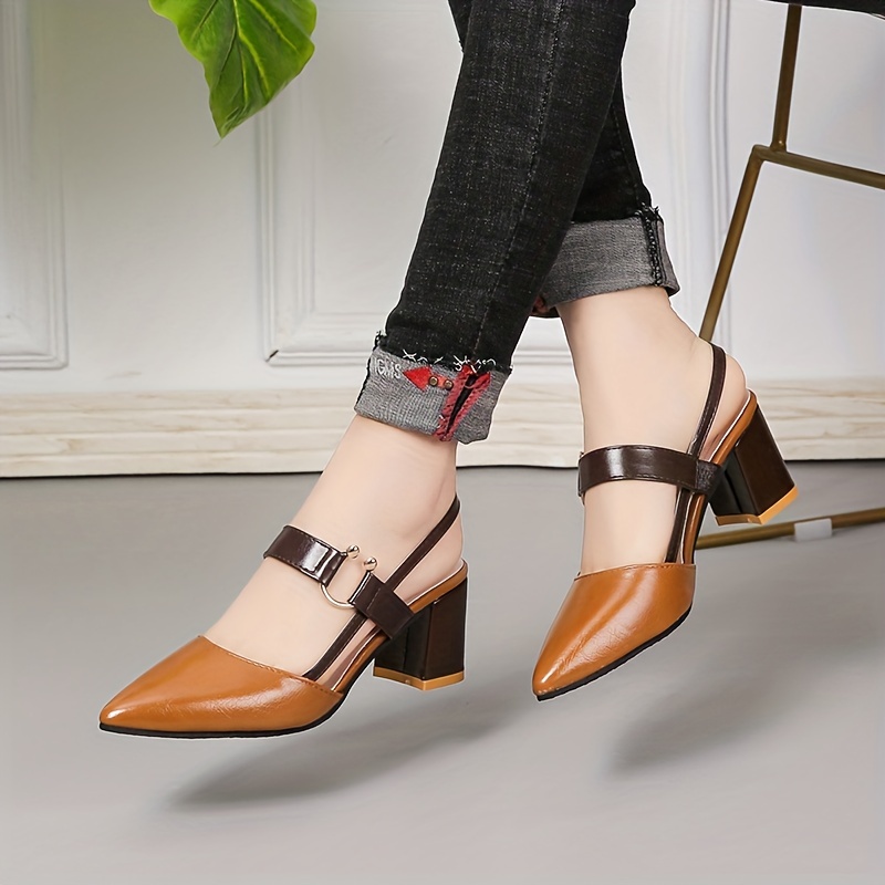womens chunky heeled sandals two tone pointed toe slip on mid heels all match slingback sandals details 0