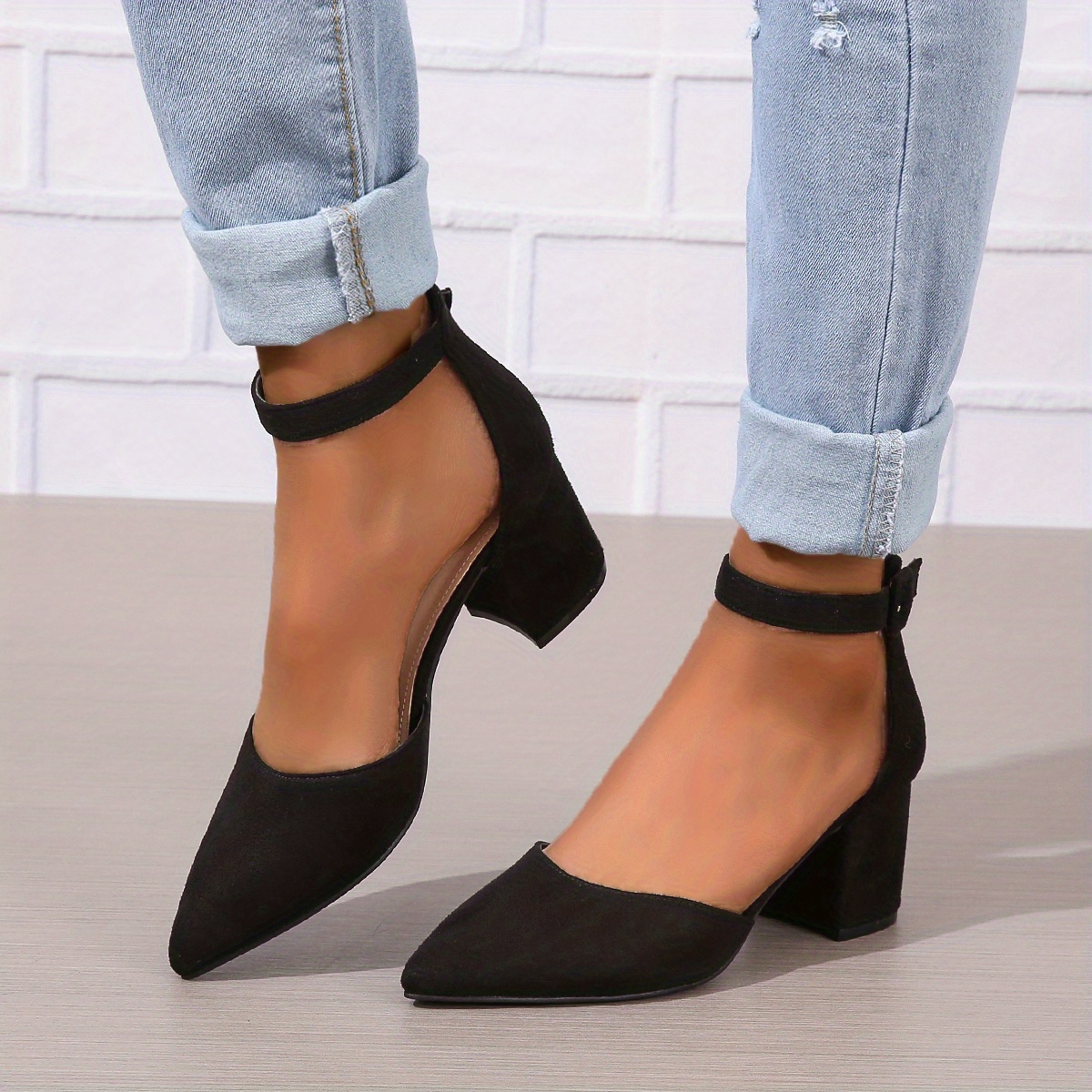 womens dorsay chunky mid heels solid color pointed toe ankle strap sandals versatile fashion sandals details 10