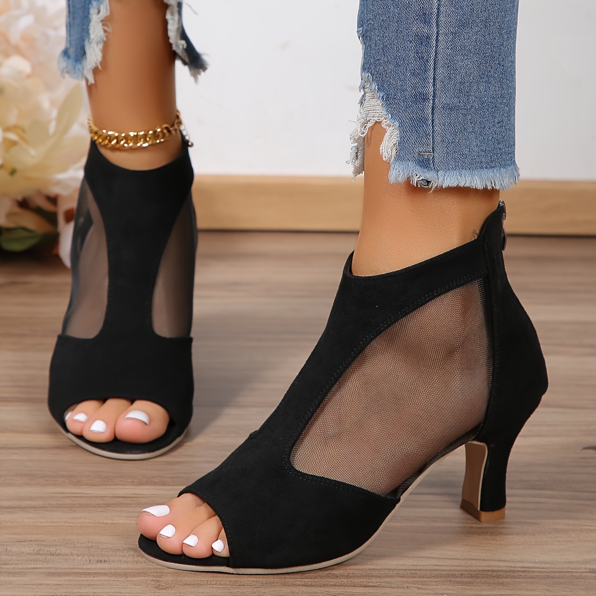 womens breathable mesh chunky heel sandals fashion open toe dress pumps stylish back zipper sandals details 3