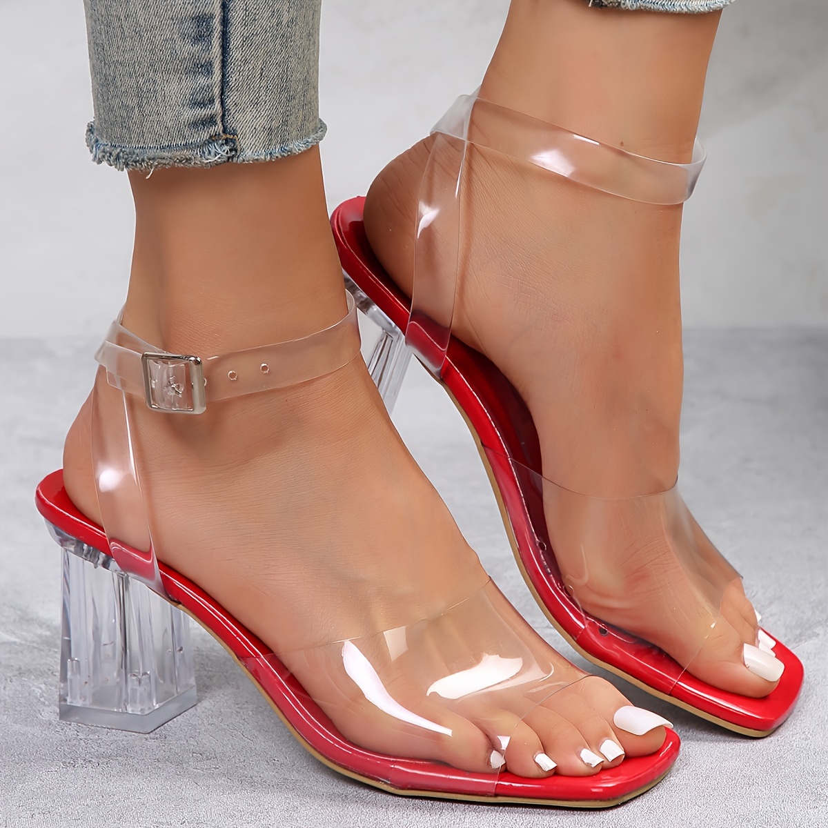 womens chunky heel sandals casual square toe dress pumps fashion transparent buckle strap heels details 2