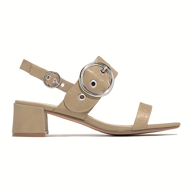chunky heeled sandals, womens chunky heeled sandals solid color open toe metal buckled square toe comfy sandals womens fashion footwear details 0