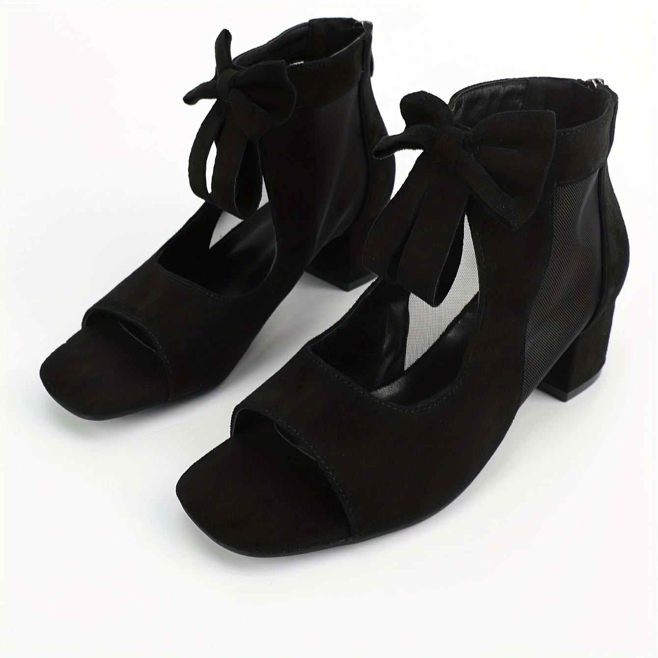 womens solid color chunky heel sandals fashion bowknot decor dress pumps stylish back zipper heels details 4