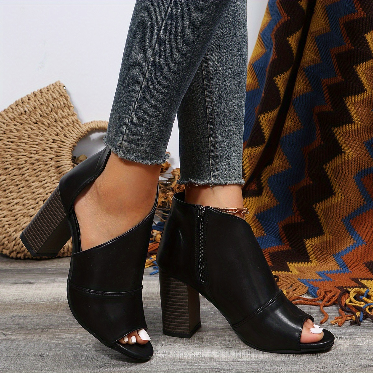 womens block heeled sandals fashion peep toe side zipper pumps comfortable summer sandals details 3