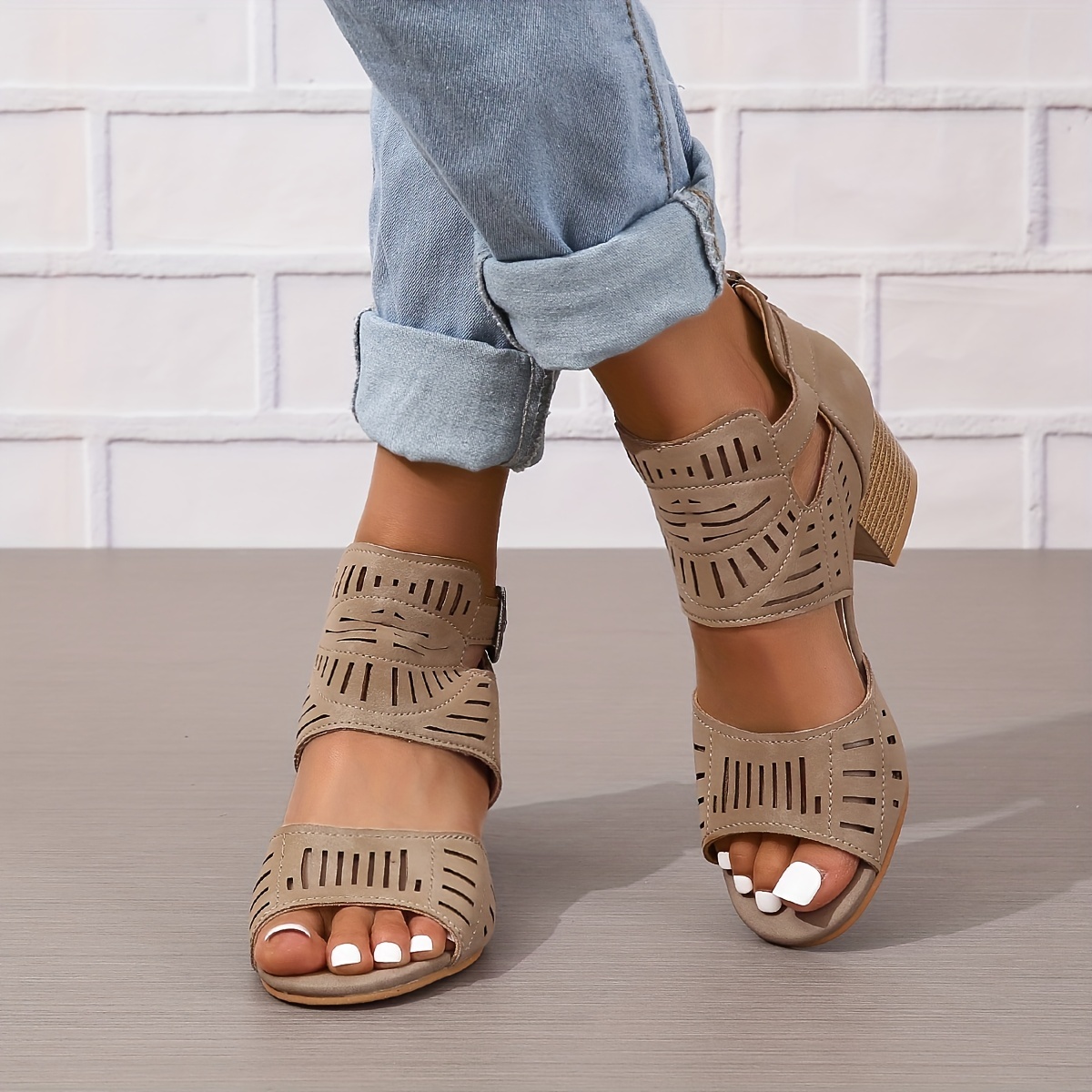 chunky heeled sandals, womens chunky heeled sandals peep toe perforated ankle buckle strap mid heels back zipper design sandals details 1