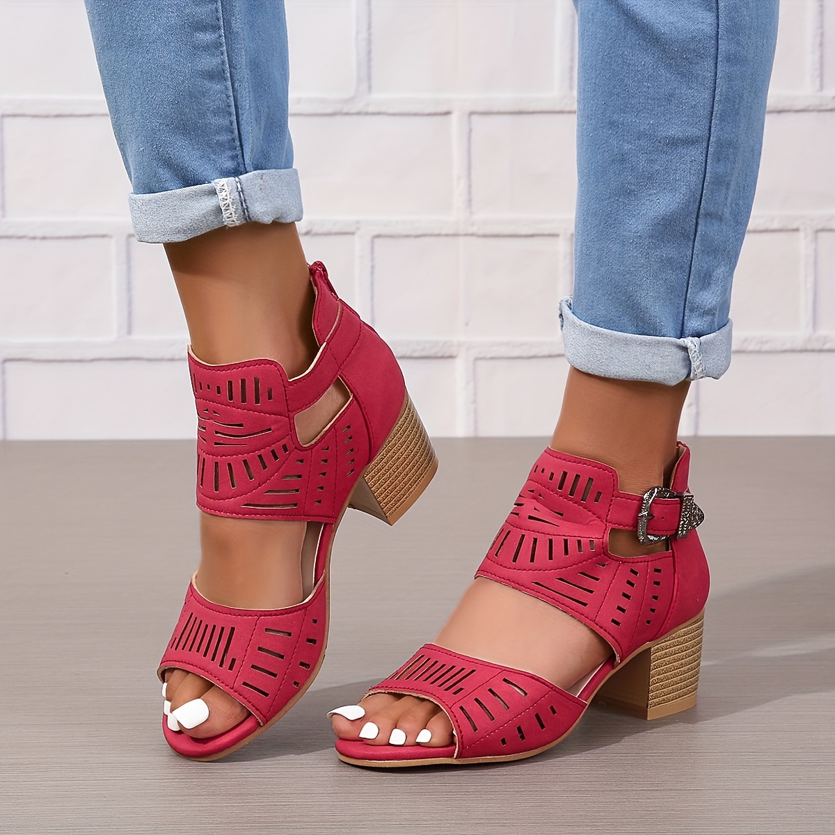 chunky heeled sandals, womens chunky heeled sandals peep toe perforated ankle buckle strap mid heels back zipper design sandals details 6