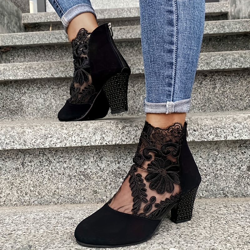 heeled sandals, womens block heeled sandals trendy lace back zipper pumps fashion versatile dress heels details 4