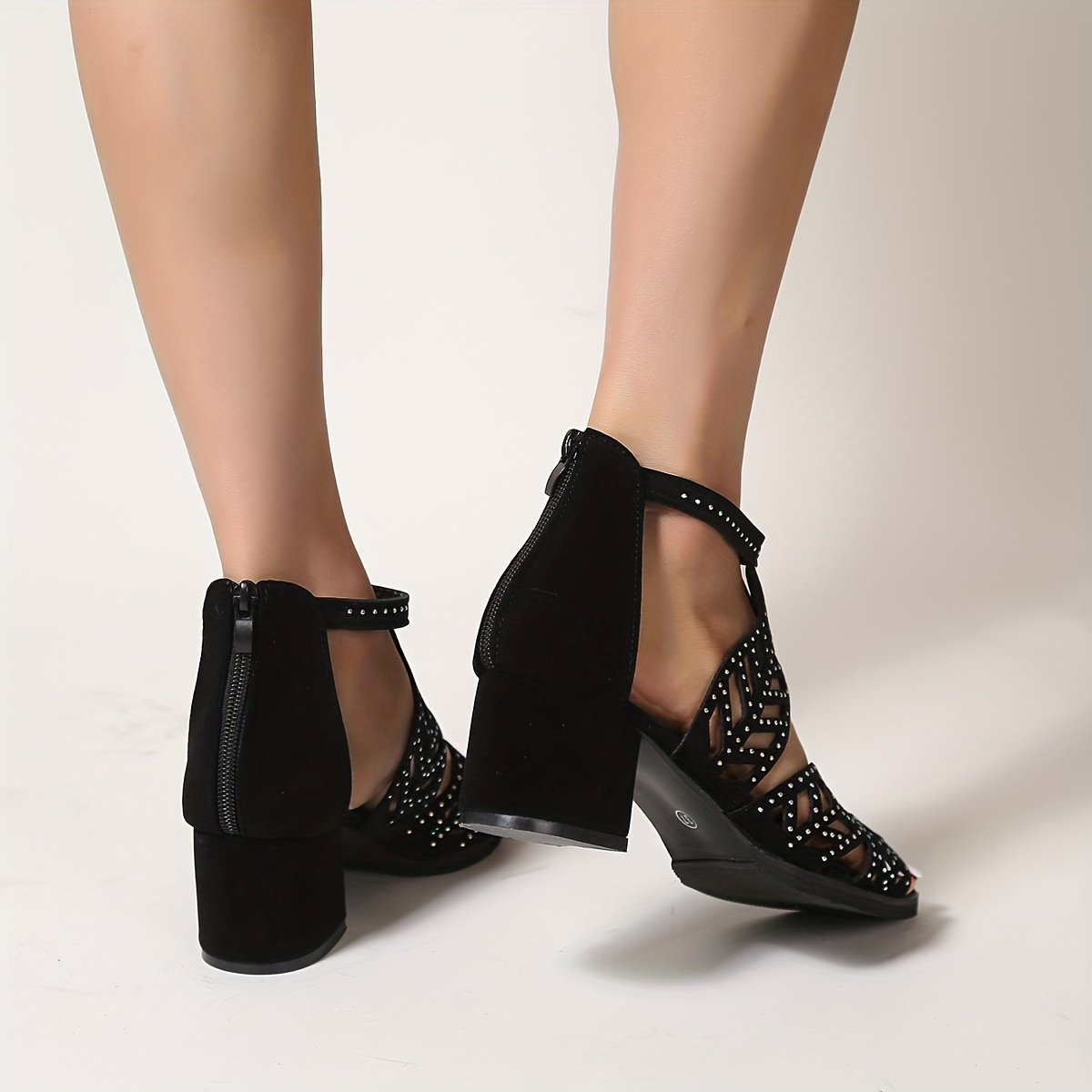 womens rhinestone decor chunky heel sandals fashion hollow out design sandals back zipper dress shoes details 2