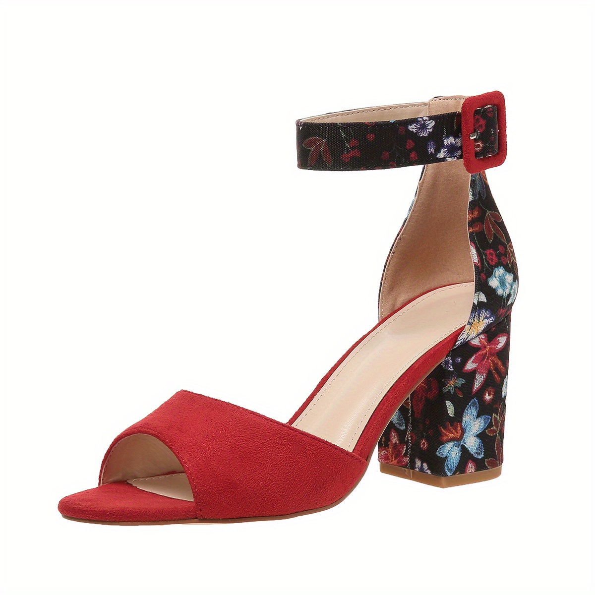 womens chunky heeled sandals peep toe floral print ankle strap high heels fashion canvas sandals details 0
