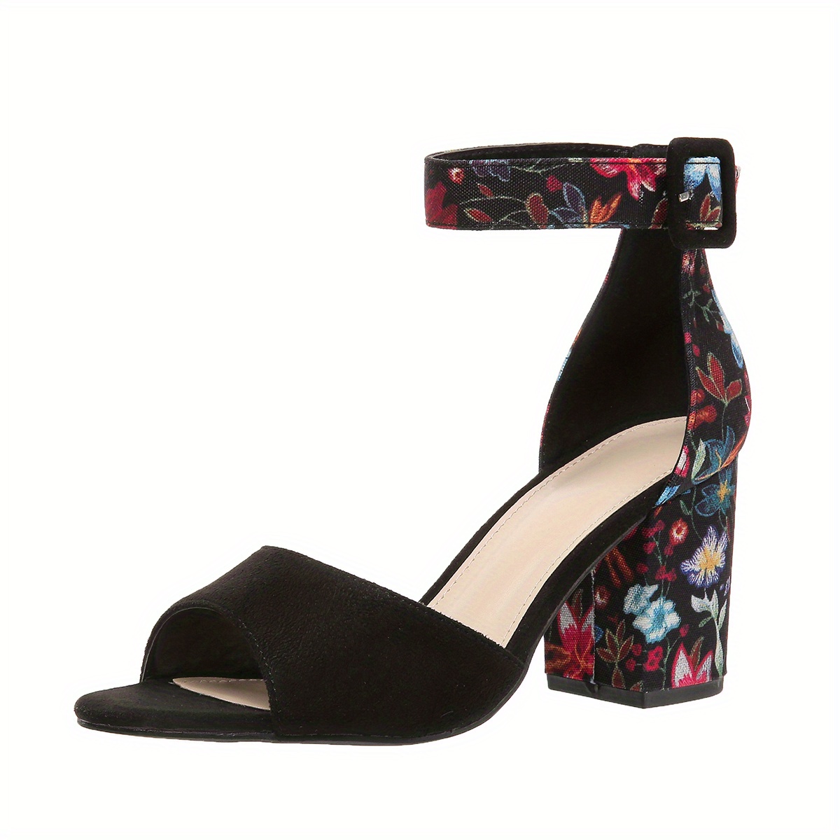 womens chunky heeled sandals peep toe floral print ankle strap high heels fashion canvas sandals details 2