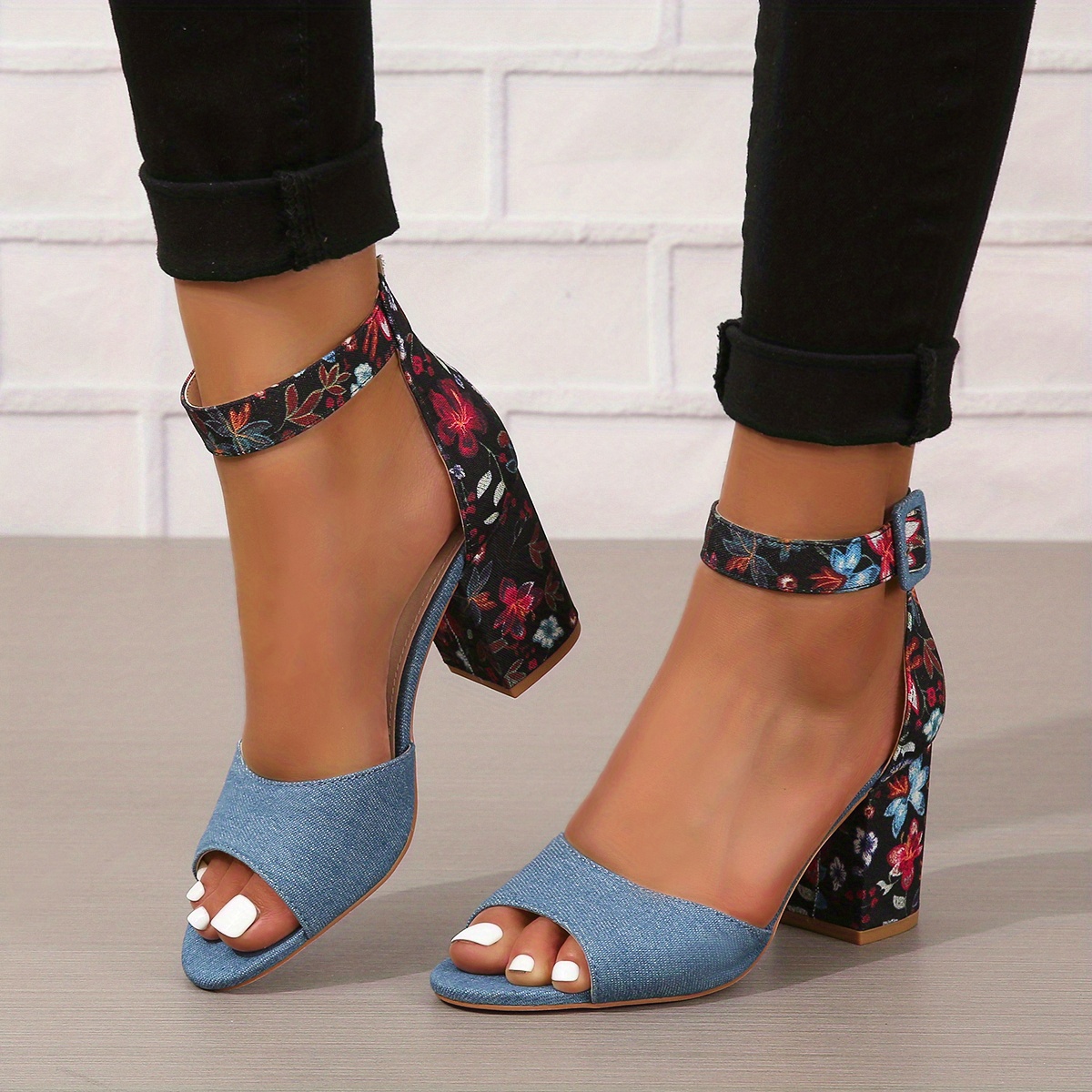 womens chunky heeled sandals peep toe floral print ankle strap high heels fashion canvas sandals details 8