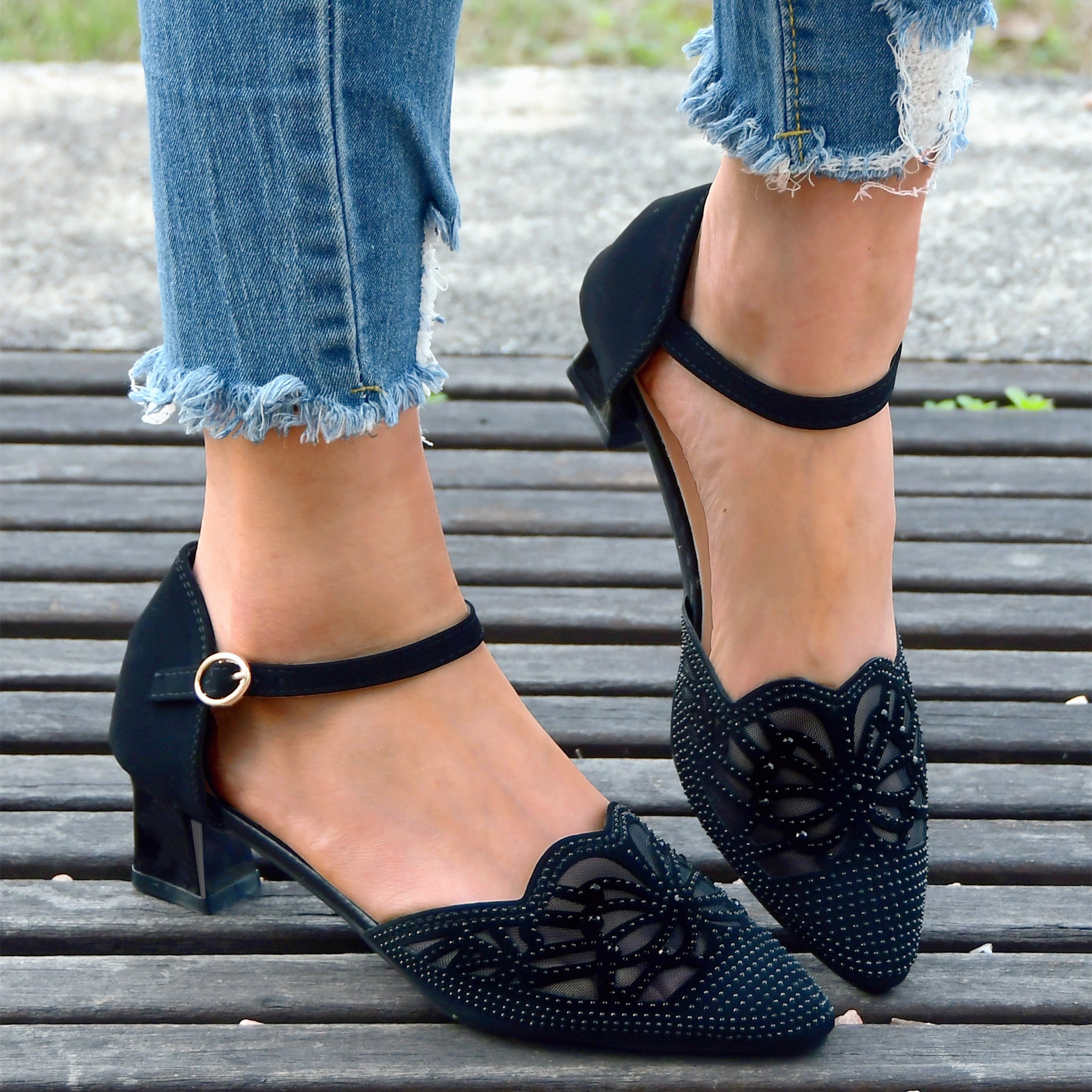 womens chunky heeled sandals rhinestone mesh pointed toe ankle strap shoes stylish mid heeled dorsay shoes details 2