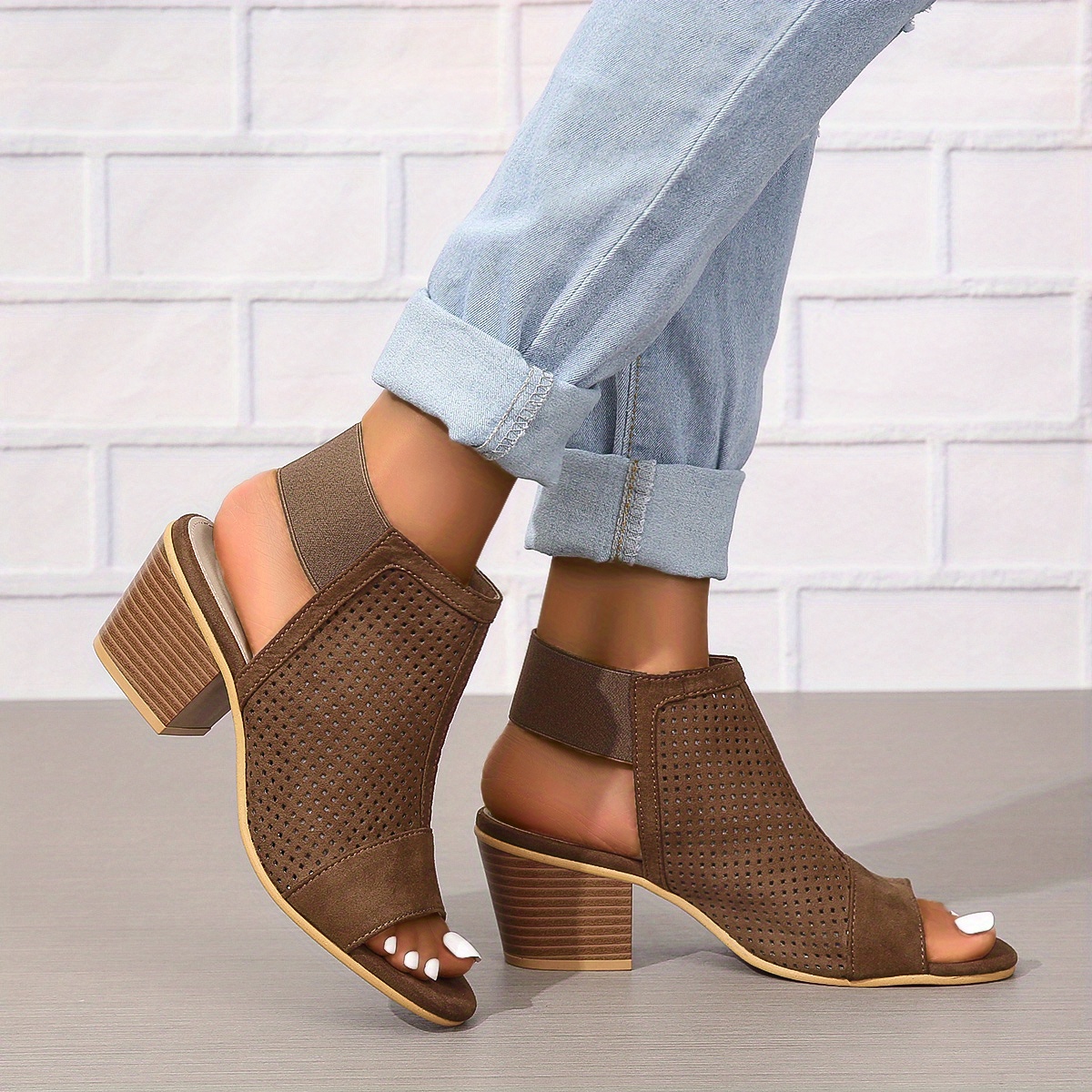 womens chunky heeled sandals retro perforated peep toe elastic strap slingback shoes solid color slip on sandals details 2