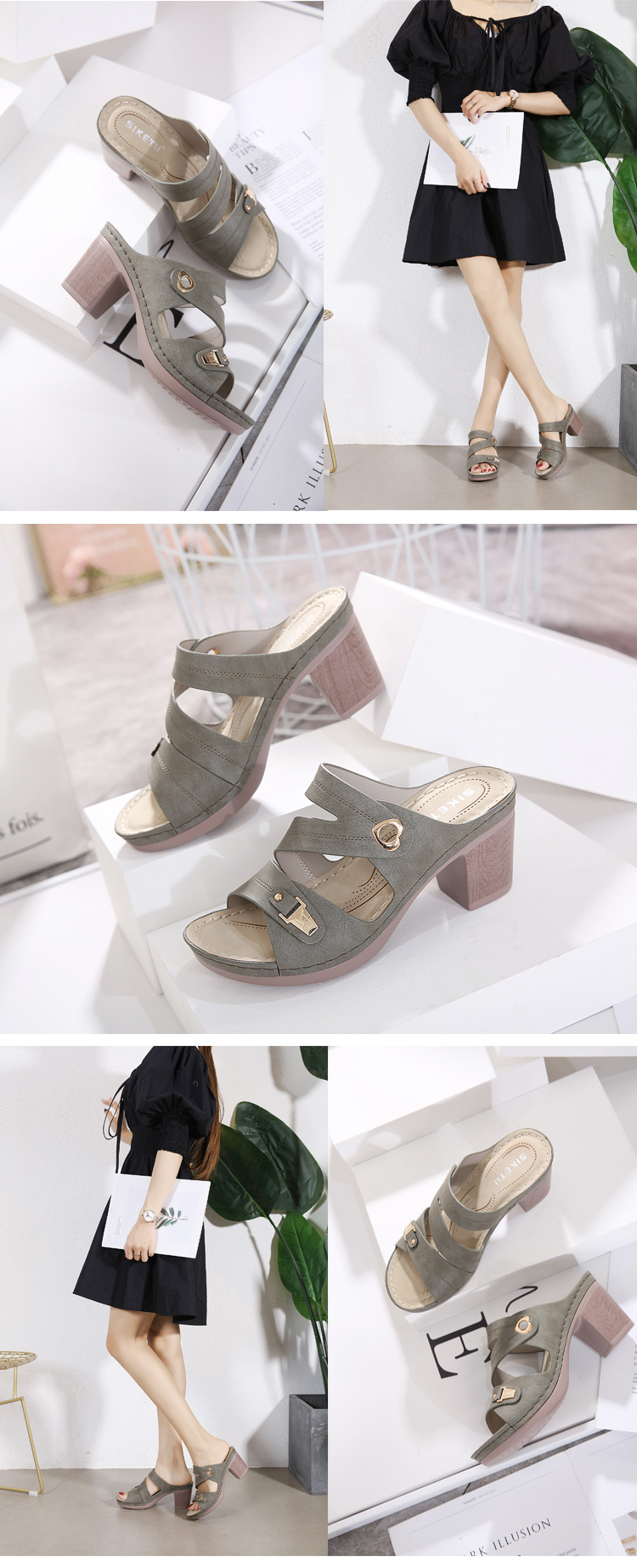 womens hollow out chunky heeled mules metal buckle seam strap open toe slip on sandals womens footwear details 3