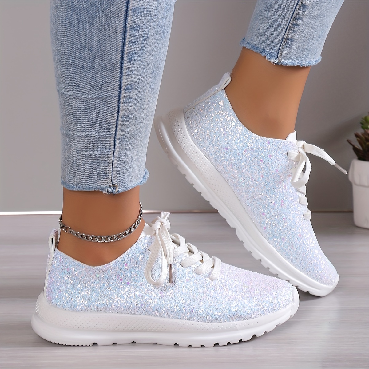 womens glitter sequins decor sneakers casual lace up outdoor shoes lightweight low top walking shoes details 1