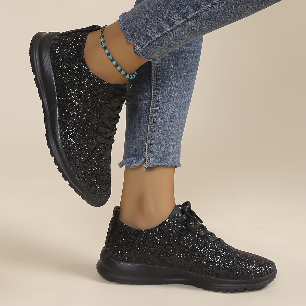 womens glitter sequins decor sneakers casual lace up outdoor shoes lightweight low top walking shoes details 4