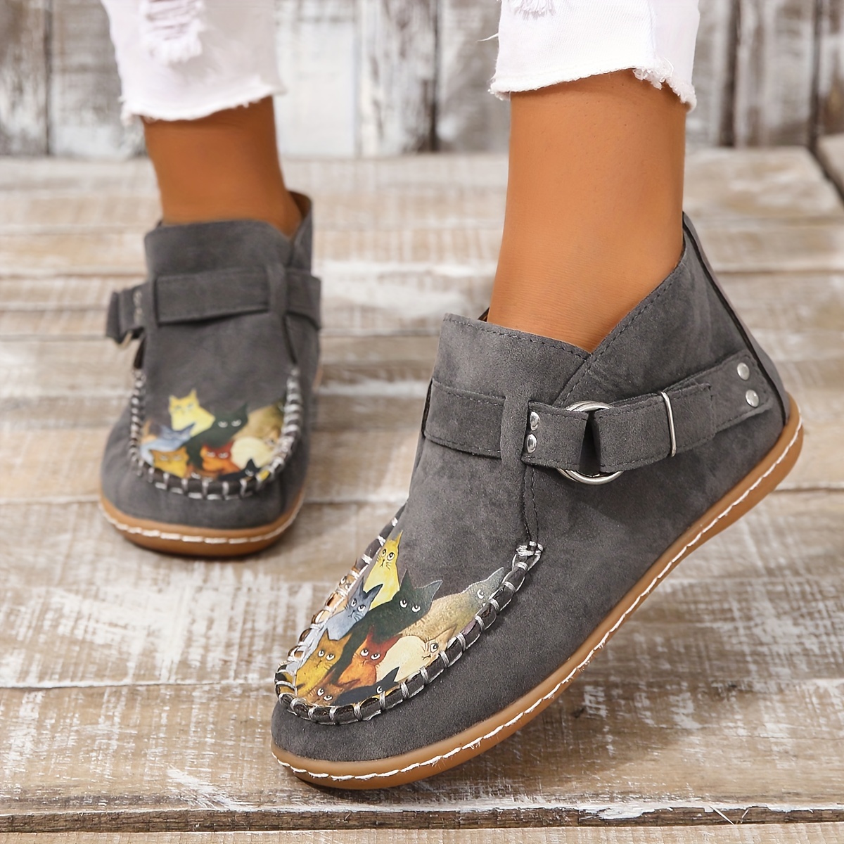 womens cute cat pattern ankle boots retro round toe buckle slip on shoes comfortable low top shoes details 1