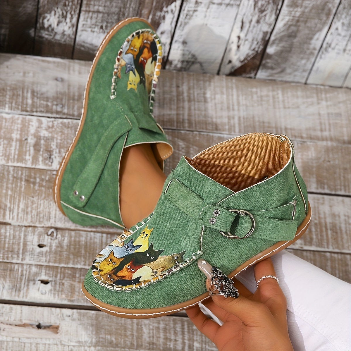 womens cute cat pattern ankle boots retro round toe buckle slip on shoes comfortable low top shoes details 3