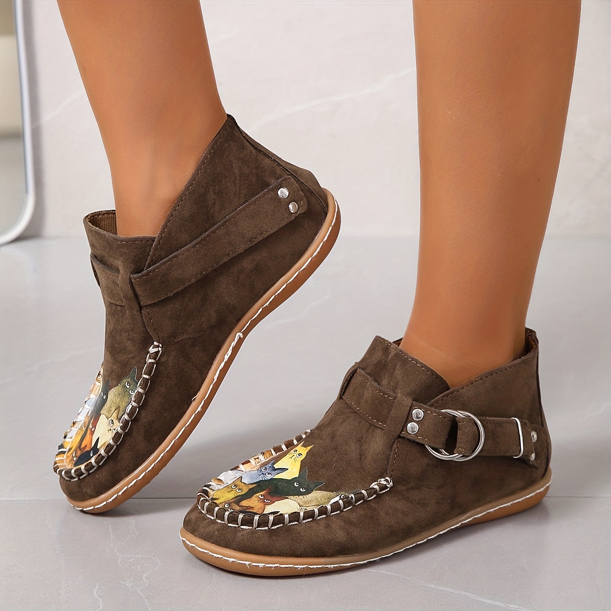 womens cute cat pattern ankle boots retro round toe buckle slip on shoes comfortable low top shoes details 5