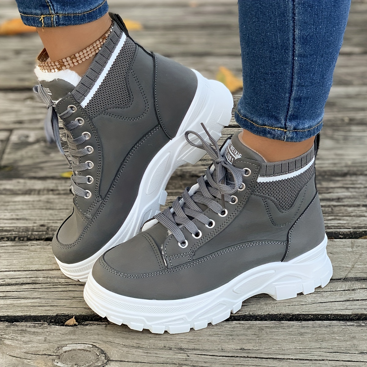 womens platform sneakers casual lace up plush lined shoes comfortable high top shoes details 2