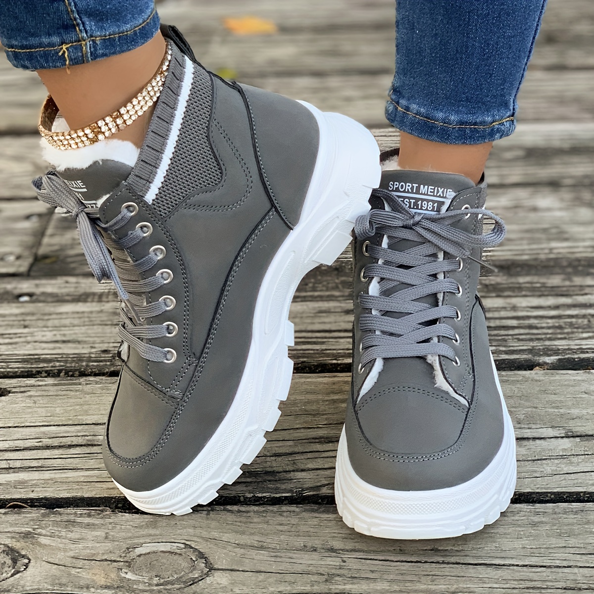 womens platform sneakers casual lace up plush lined shoes comfortable high top shoes details 3