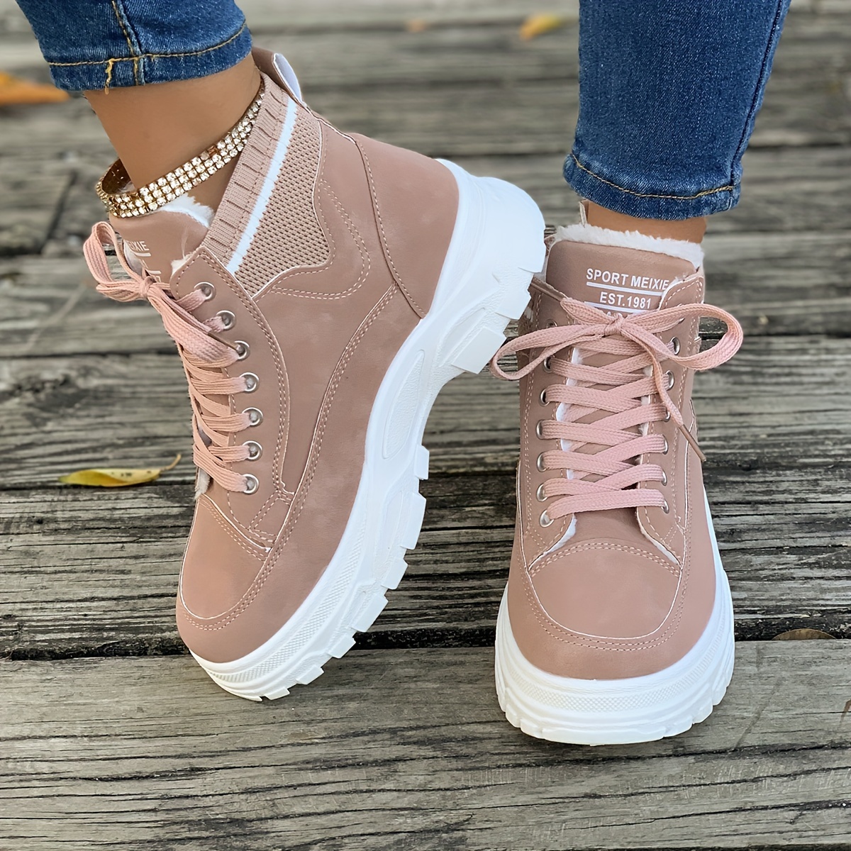 womens platform sneakers casual lace up plush lined shoes comfortable high top shoes details 5