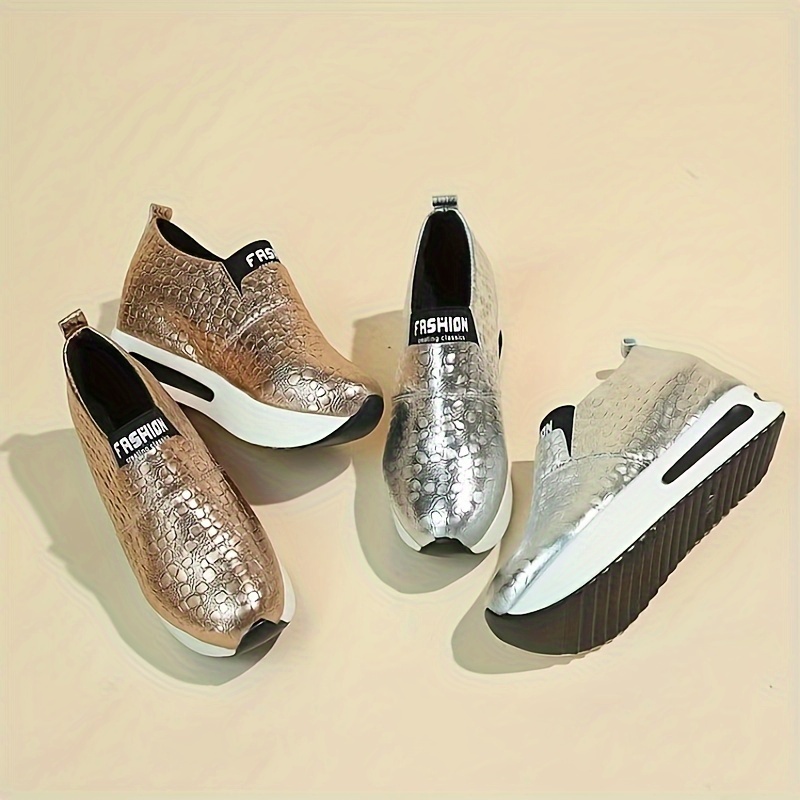 womens crocodile pattern platform sneakers fashion slip on outdoor shoes comfortable low top shoes details 1