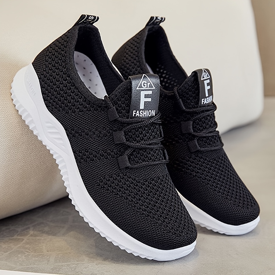 womens solid color knitted sneakers lace up breathable platform comfy sporty trainers versatile low top running shoes details 8
