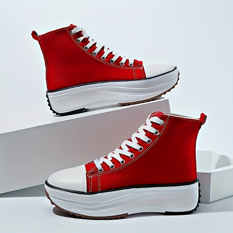 womens solid color casual sneakers lace up soft sole platform skate shoes versatile high top canvas shoes details 2