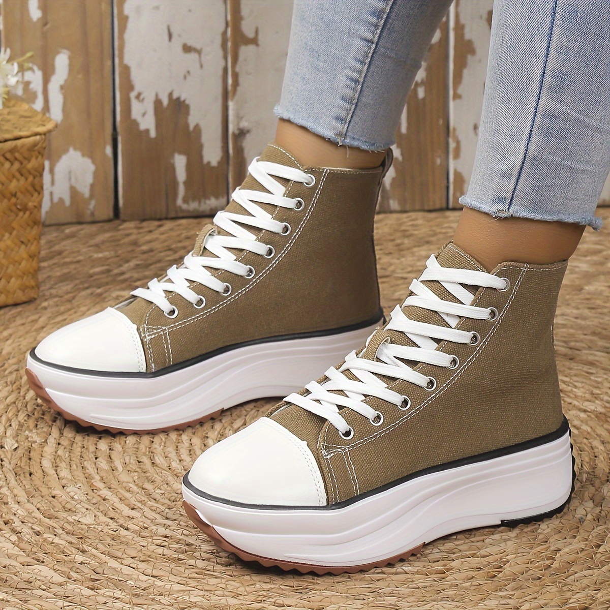 womens solid color casual sneakers lace up soft sole platform skate shoes versatile high top canvas shoes details 5