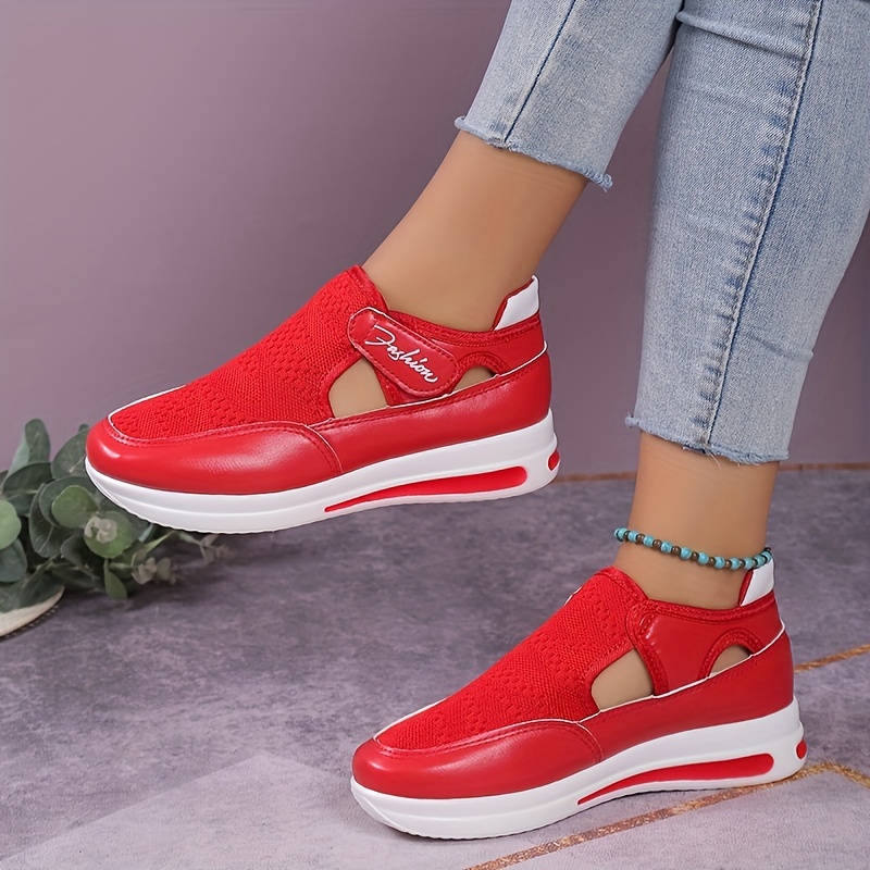 womens knitted sports shoes breathable round toe cut out chunky shoes casual outdoor walking shoes details 2