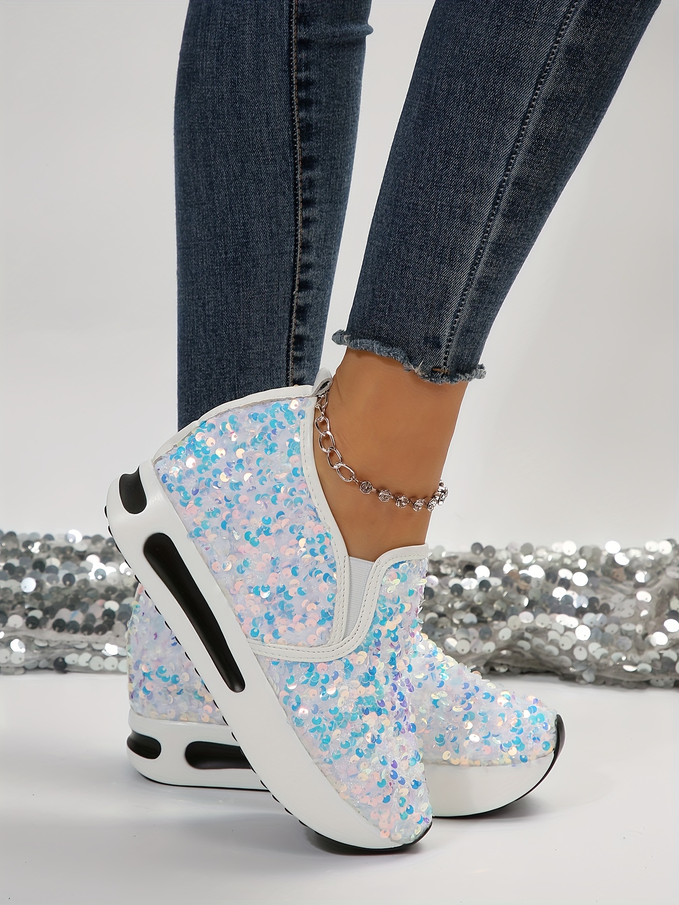 womens sequins platform sneakers casual low top slip on wedge sports shoes fashion walking trainers details 1