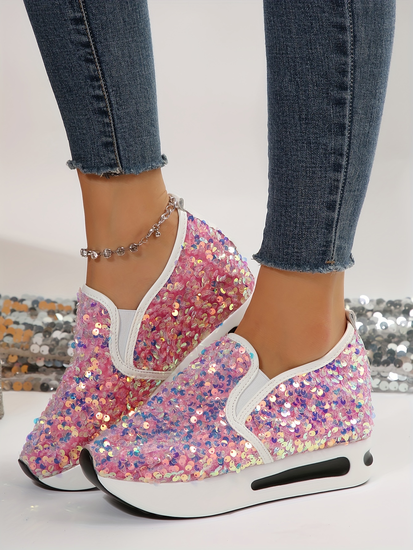 womens sequins platform sneakers casual low top slip on wedge sports shoes fashion walking trainers details 5