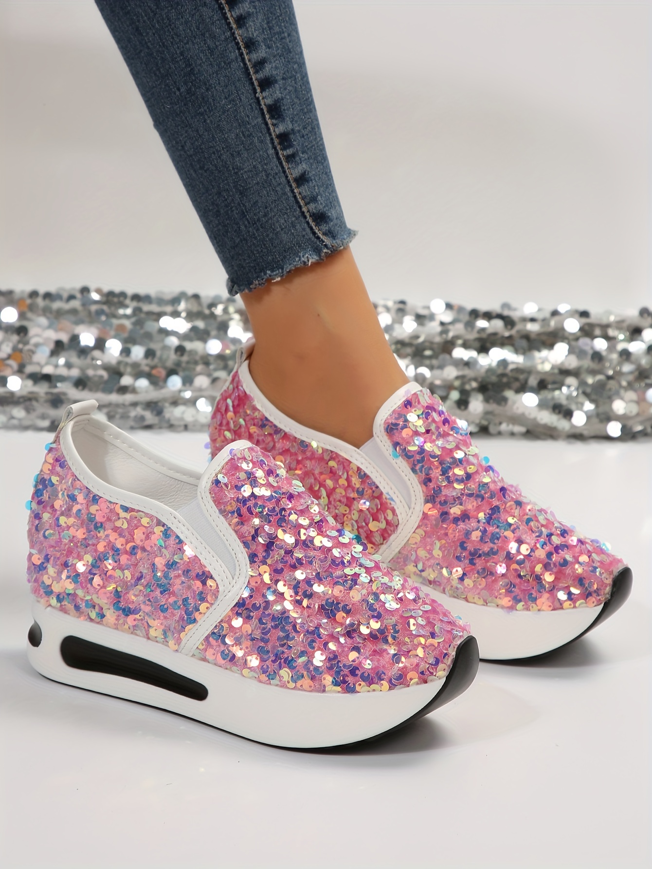 womens sequins platform sneakers casual low top slip on wedge sports shoes fashion walking trainers details 7