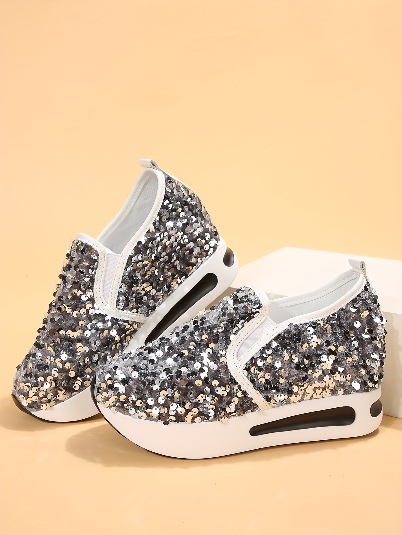 womens sequins platform sneakers casual low top slip on wedge sports shoes fashion walking trainers details 17