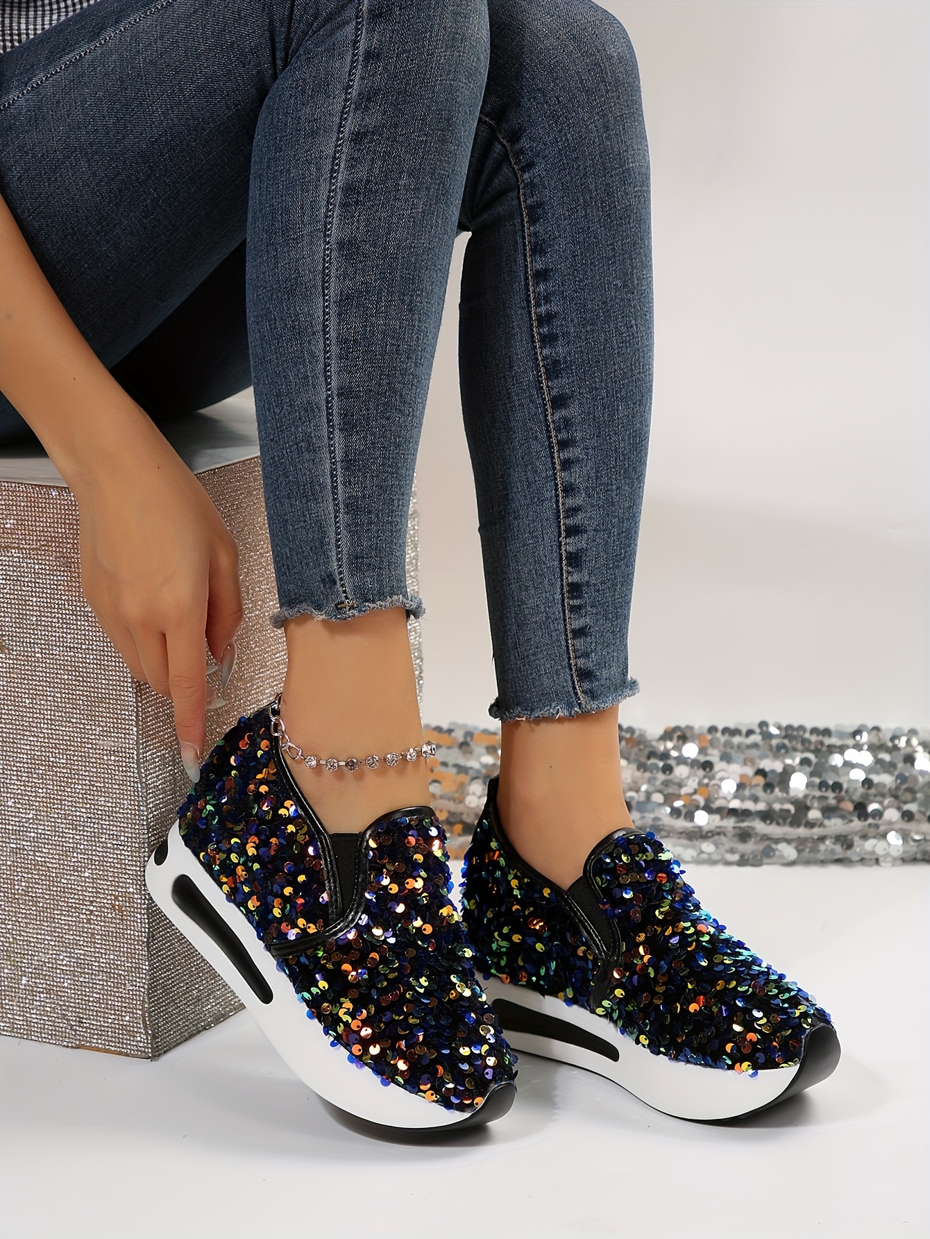 womens sequins platform sneakers casual low top slip on wedge sports shoes fashion walking trainers details 22