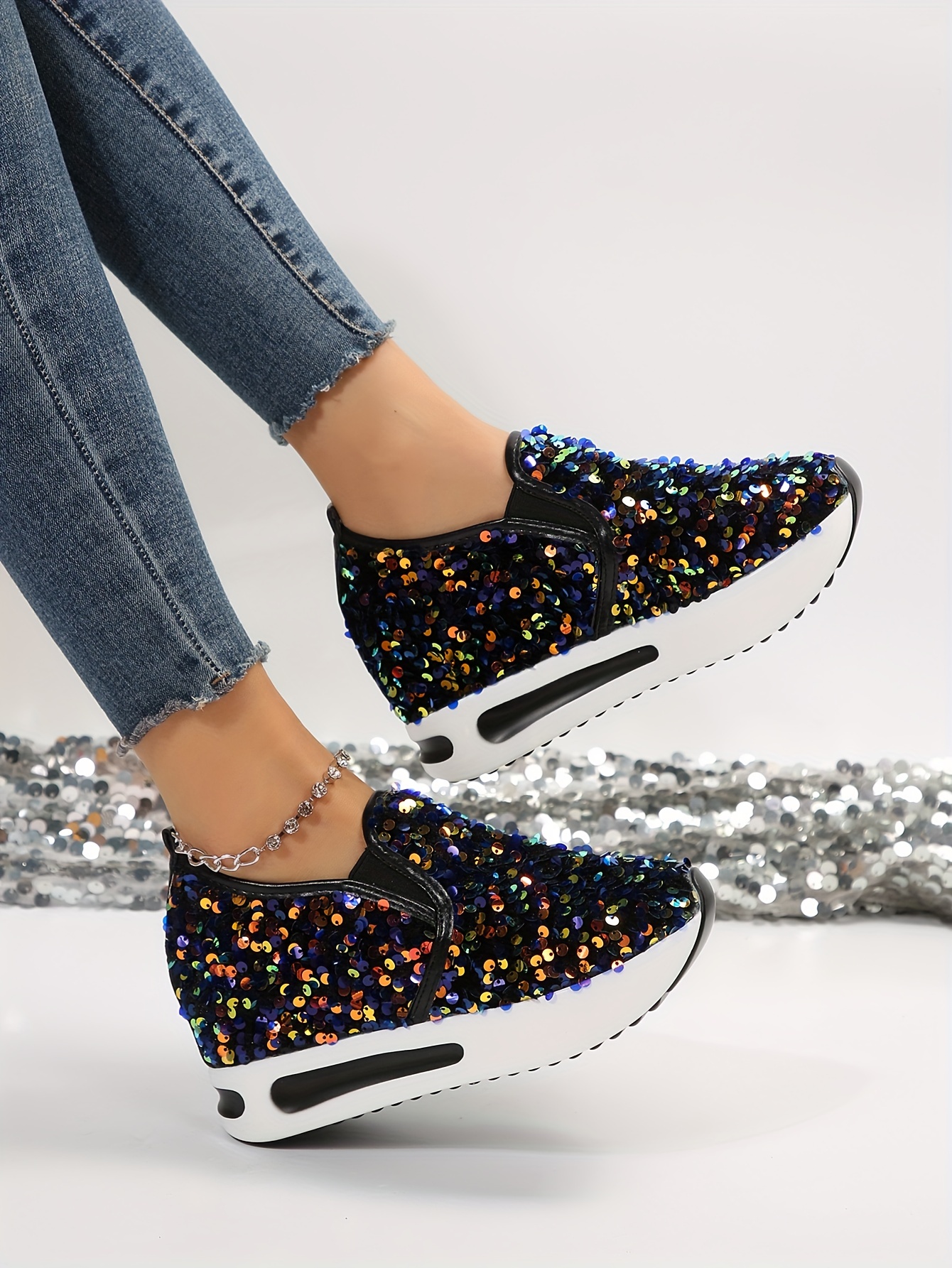 womens sequins platform sneakers casual low top slip on wedge sports shoes fashion walking trainers details 23