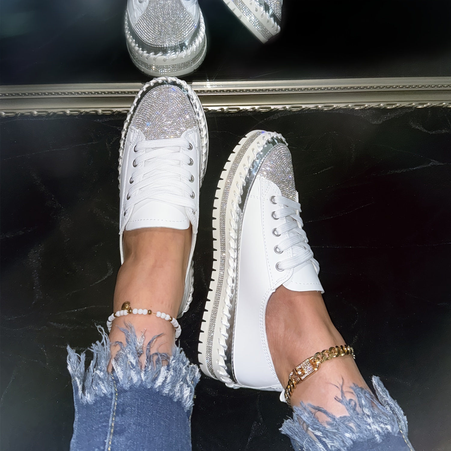 rhinestone flat sneakers, womens rhinestone flat sneakers fashion round toe lace up low top skate shoes all match outdoor trainers details 4