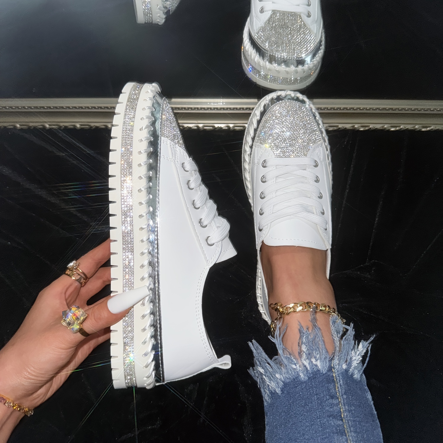 rhinestone flat sneakers, womens rhinestone flat sneakers fashion round toe lace up low top skate shoes all match outdoor trainers details 5