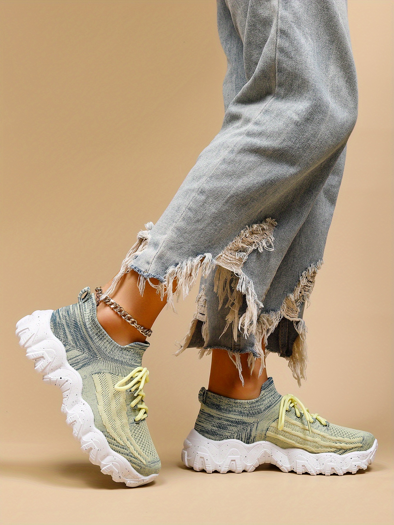 womens breathable knit platform sneakers casual lace up outdoor shoes comfortable low top trainers details 5