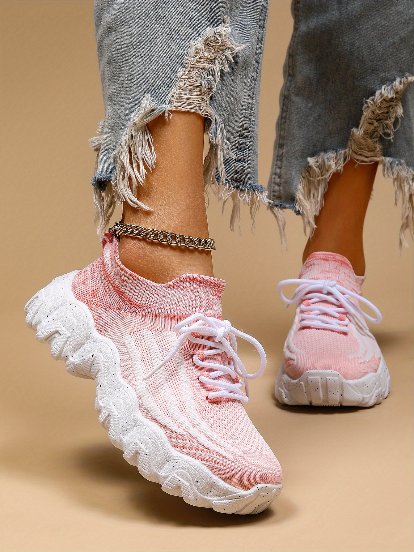 womens breathable knit platform sneakers casual lace up outdoor shoes comfortable low top trainers details 9