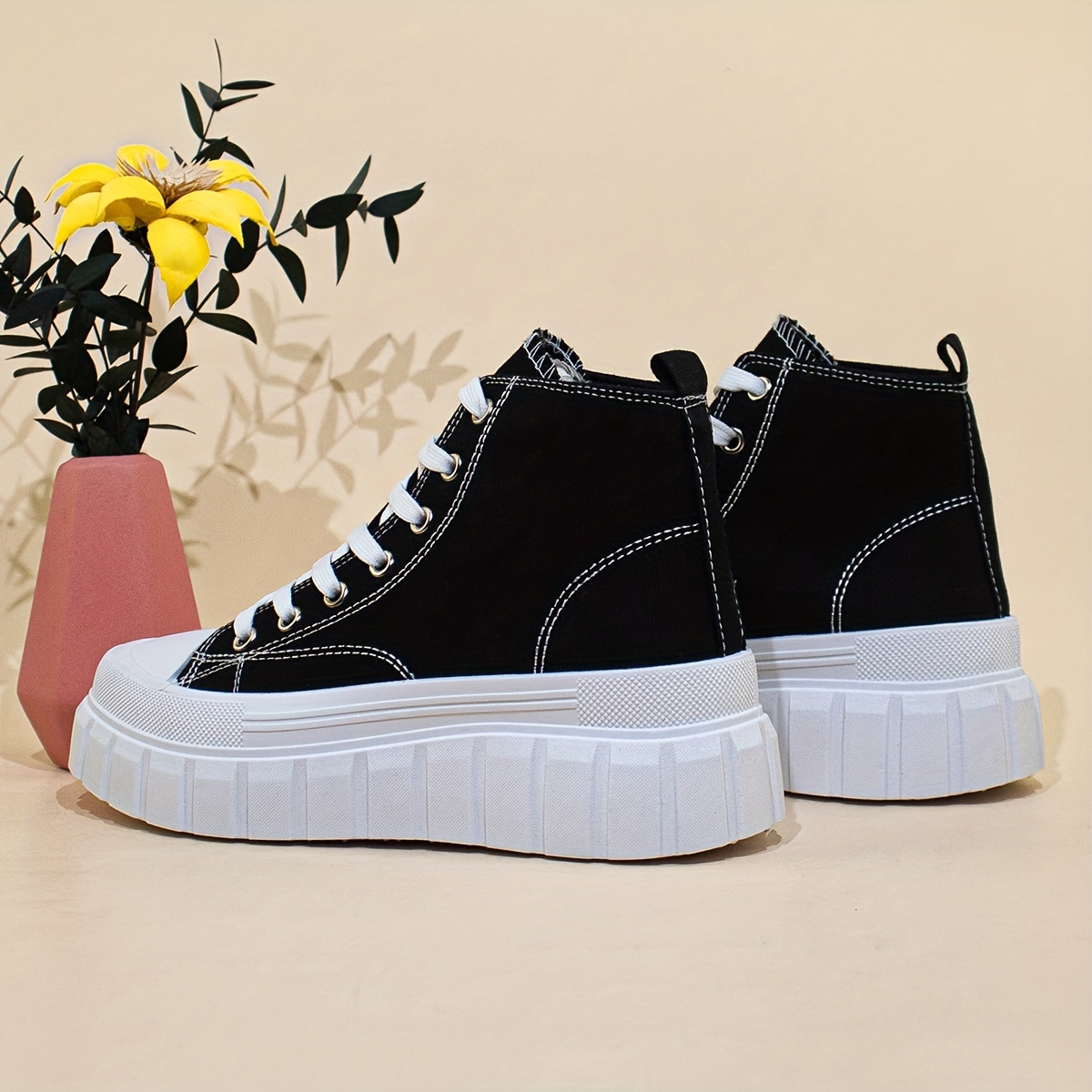 womens solid color canvas shoes lace up comfy platform casual shoes versatile high top shoes details 2