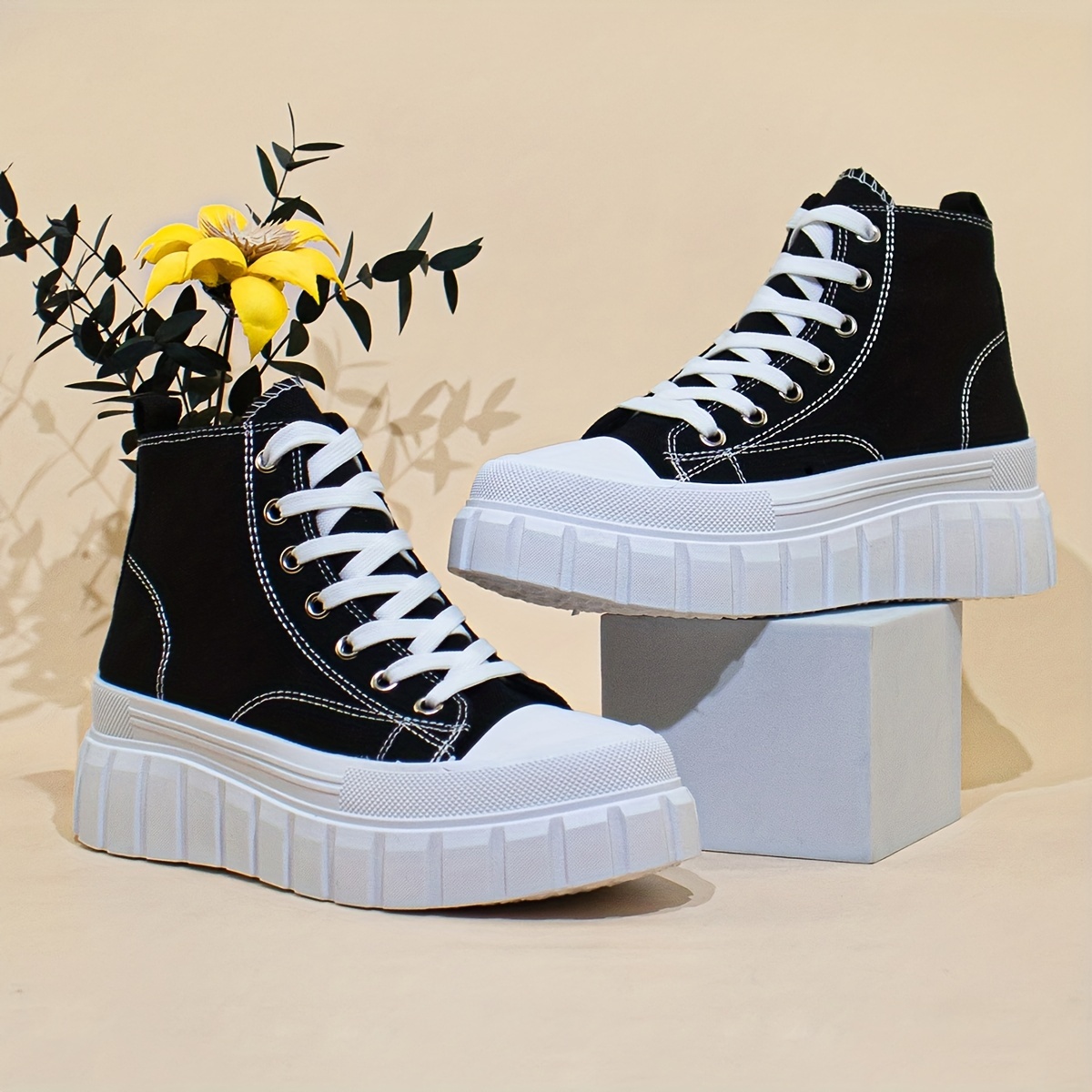 womens solid color canvas shoes lace up comfy platform casual shoes versatile high top shoes details 3