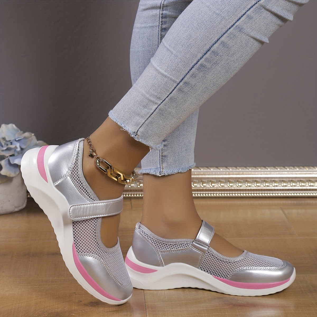 womens mesh panel platform sneakers round toe low top versatile shoes breathable comfy summer shoes details 1