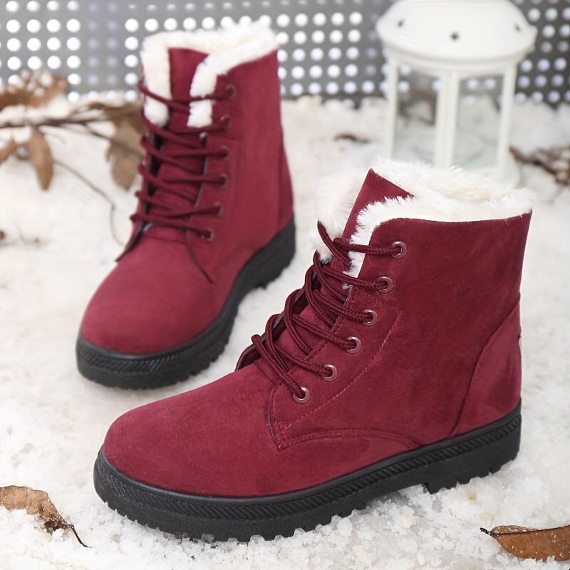 womens plush lined ankle boots solid color thermal lace up snow boots outdoor warm short boots details 3