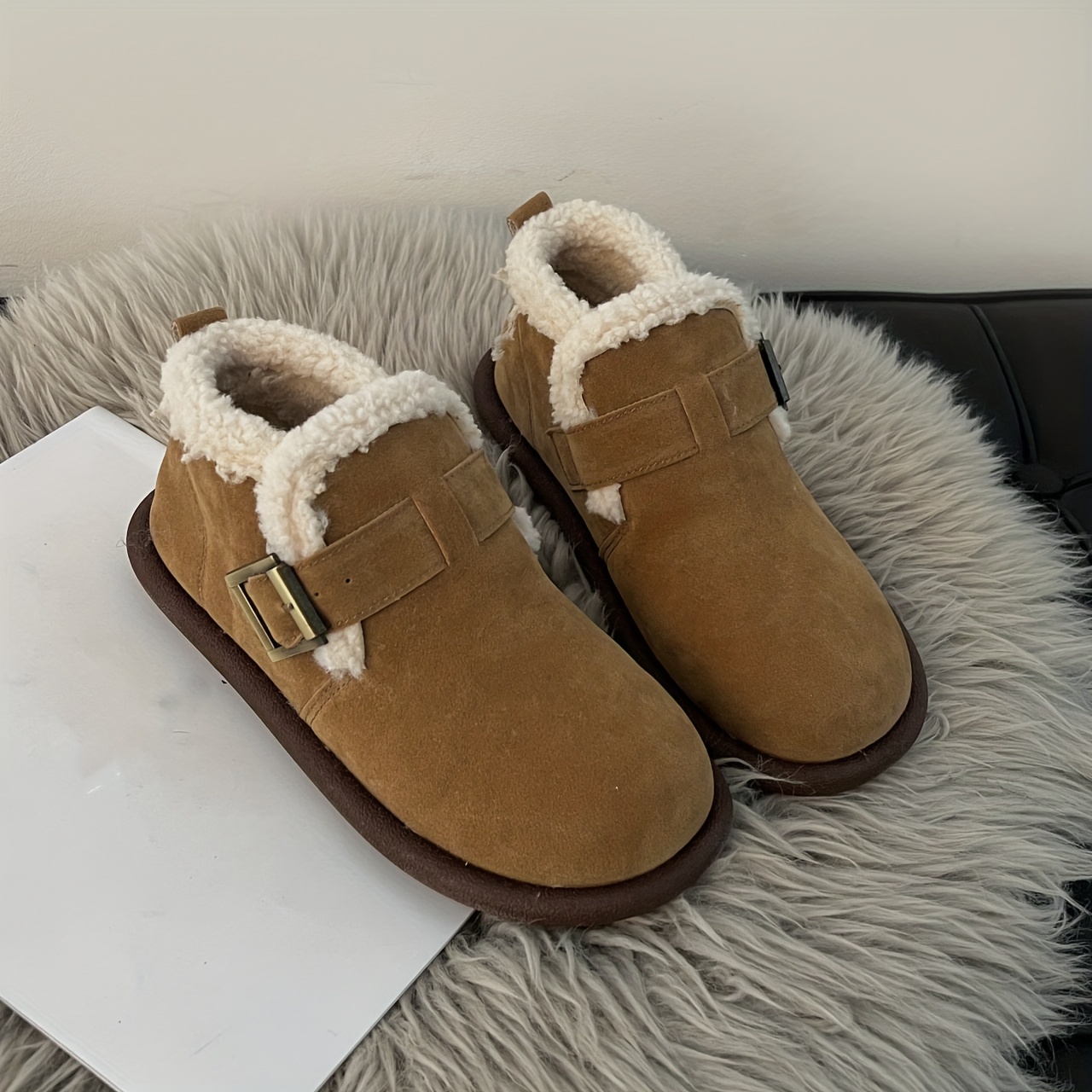 womens thermal lined flat boots buckle decor soft sole winter warm shoes versatile plush non slip shoes details 0