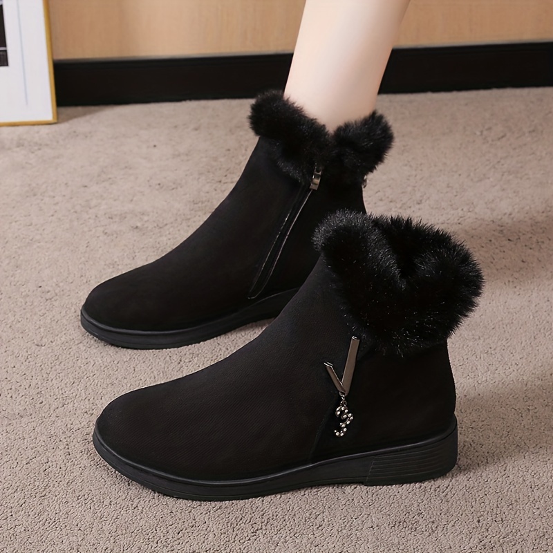 womens solid color fluffy boots side zipper thermal lined platform warm shoes winter plush snow ankle shoes details 6