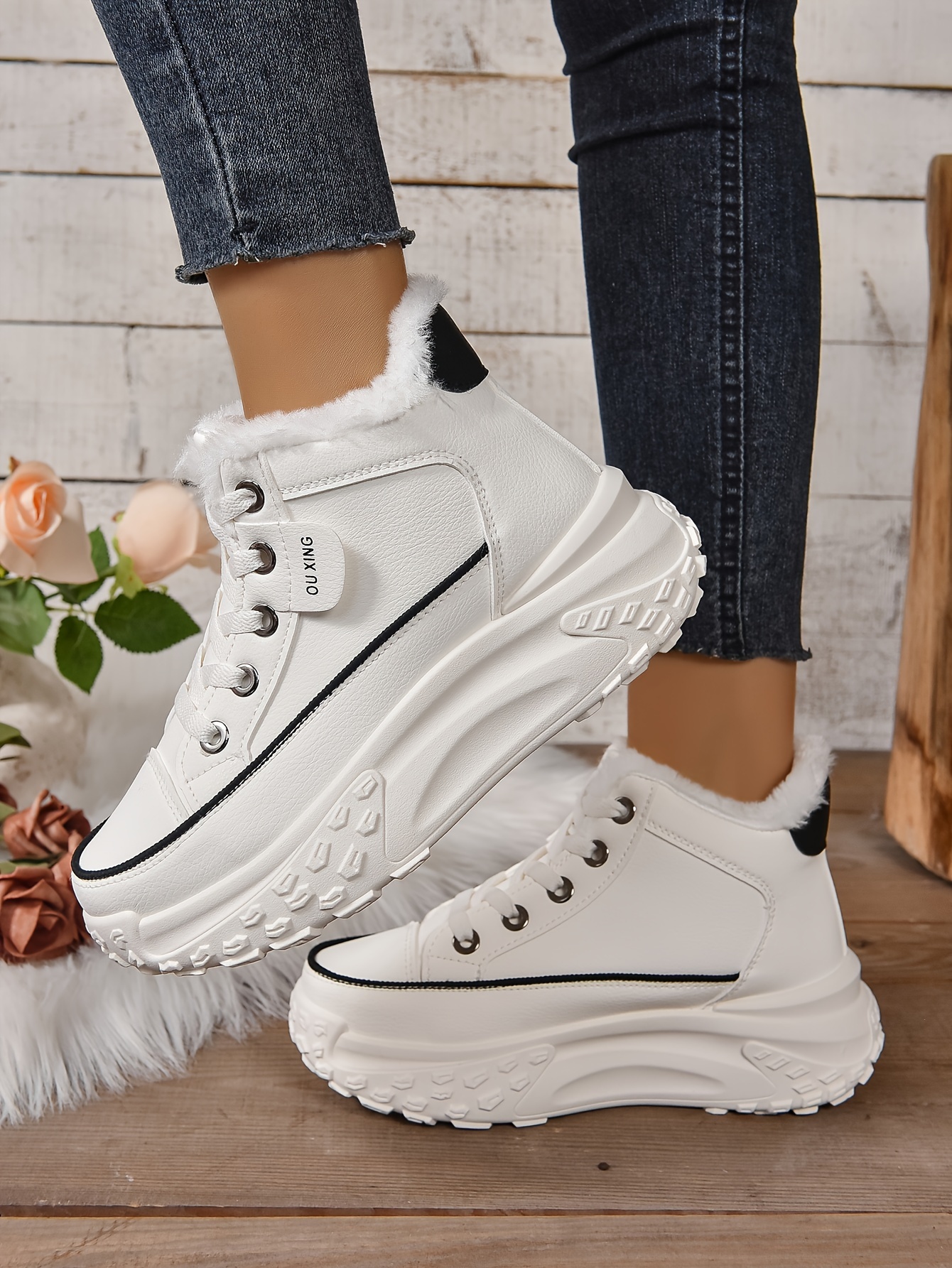 plush lined ankle boots, womens plush lined ankle boots fashion heightening lace up platform boots winter warm outdoor short boots details 13