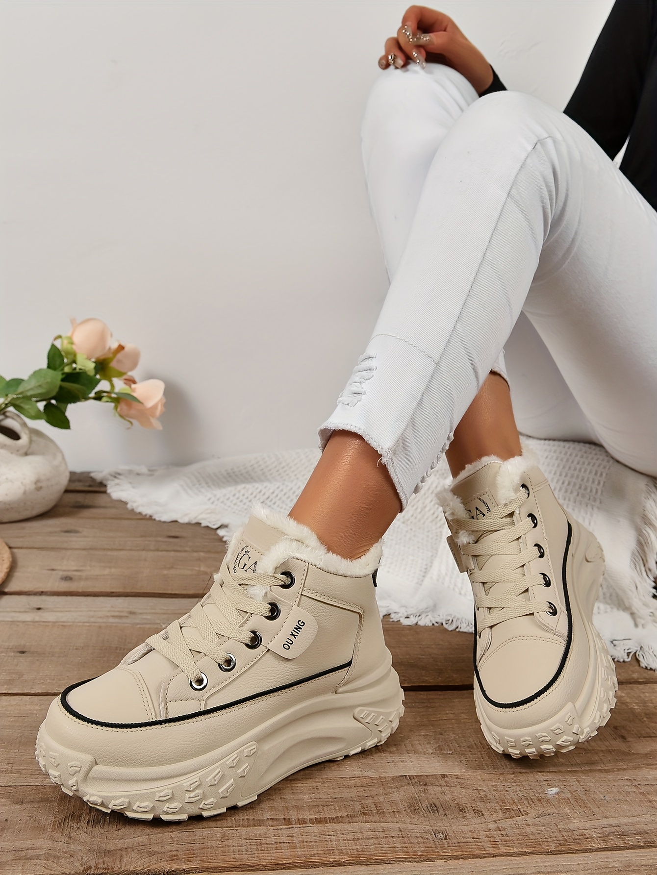 plush lined ankle boots, womens plush lined ankle boots fashion heightening lace up platform boots winter warm outdoor short boots details 16