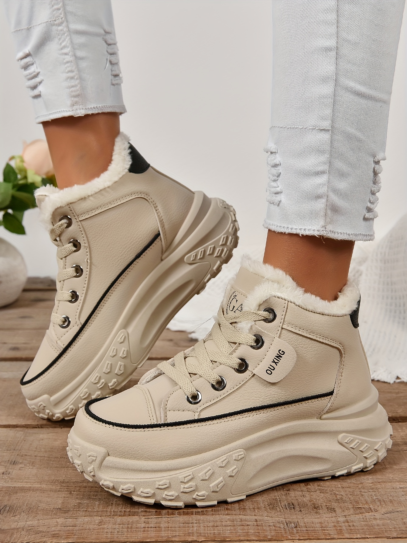 plush lined ankle boots, womens plush lined ankle boots fashion heightening lace up platform boots winter warm outdoor short boots details 17