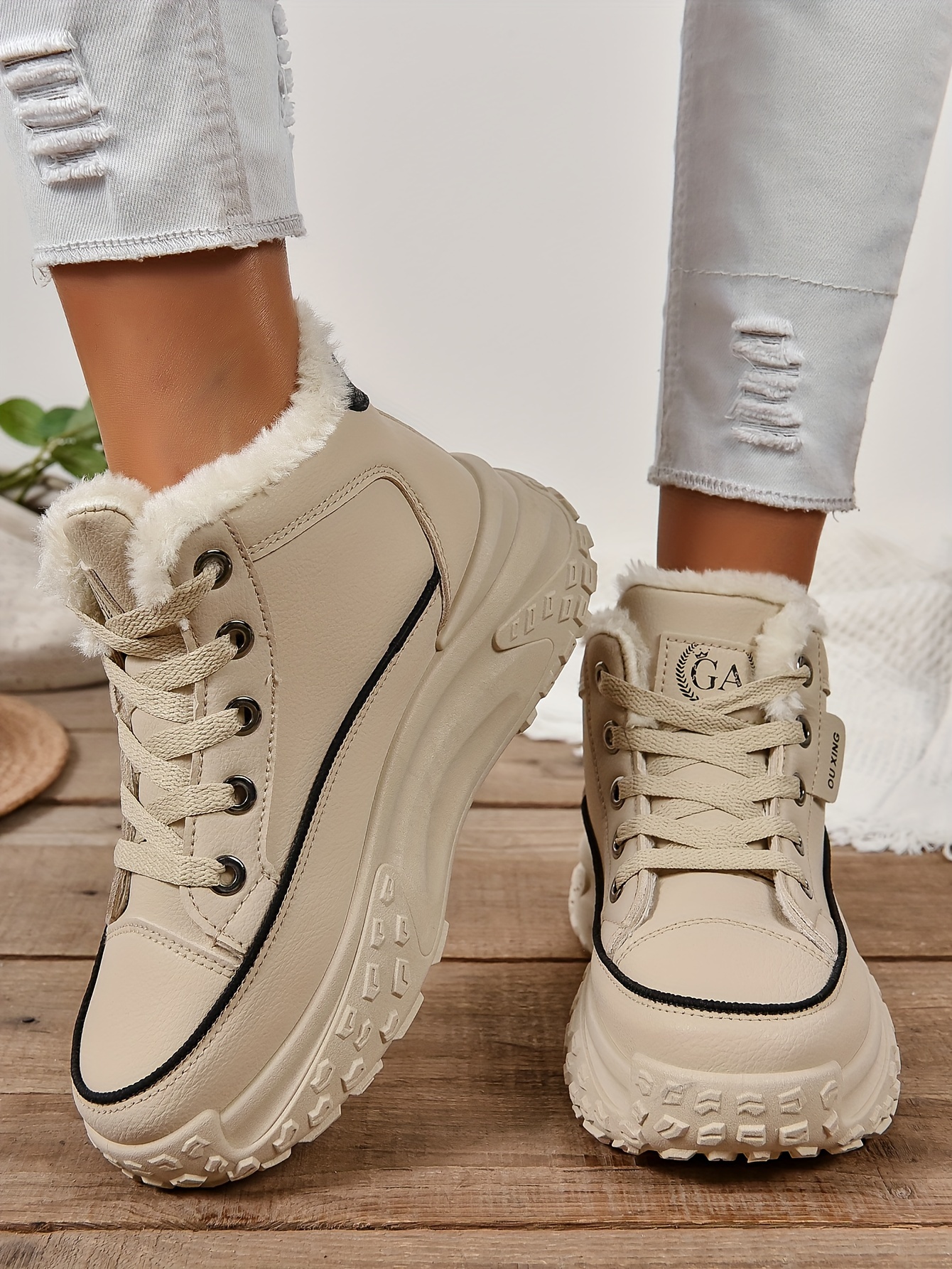 plush lined ankle boots, womens plush lined ankle boots fashion heightening lace up platform boots winter warm outdoor short boots details 20